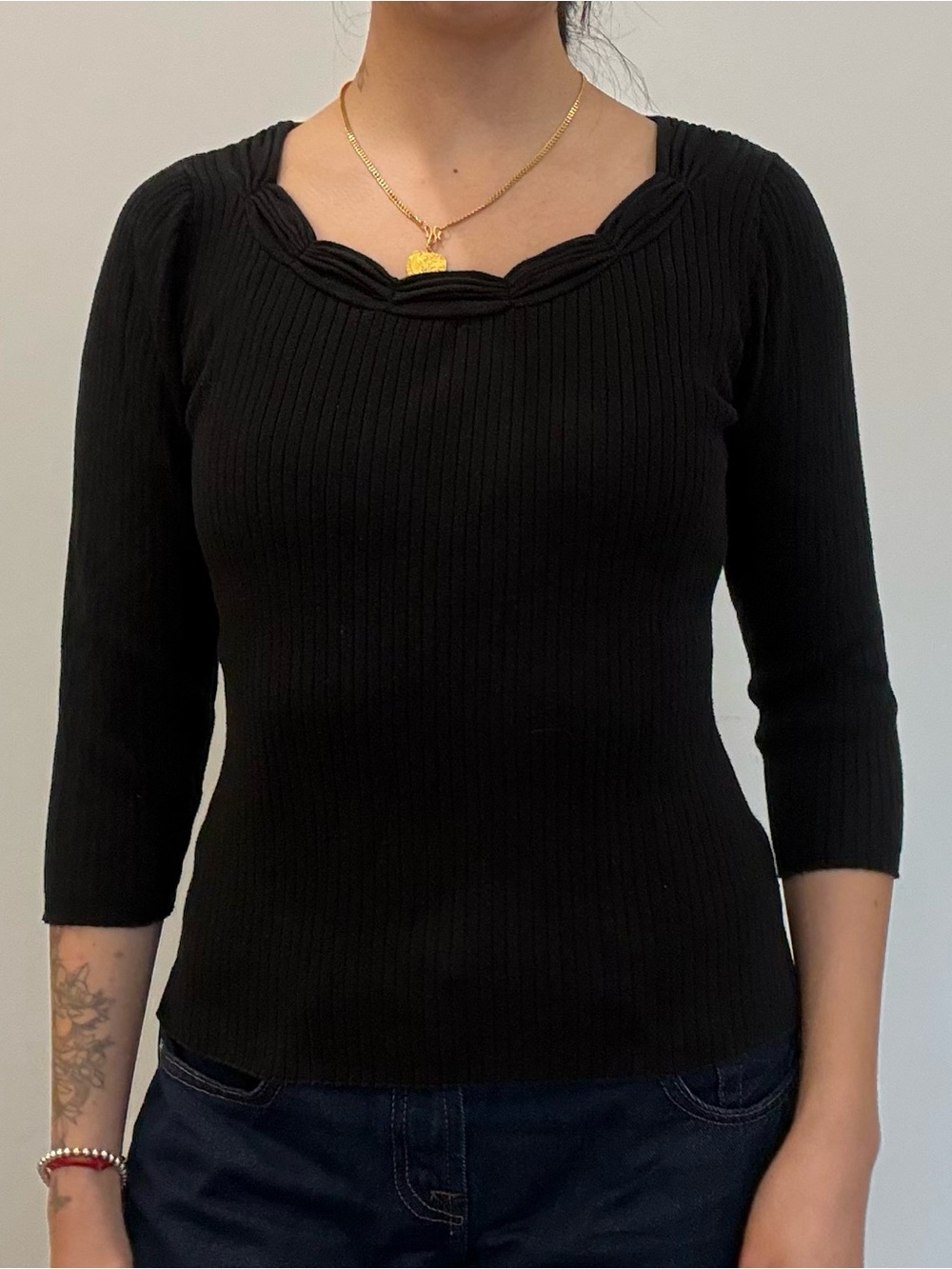 Black Ribbed Top with Scalloped Trim